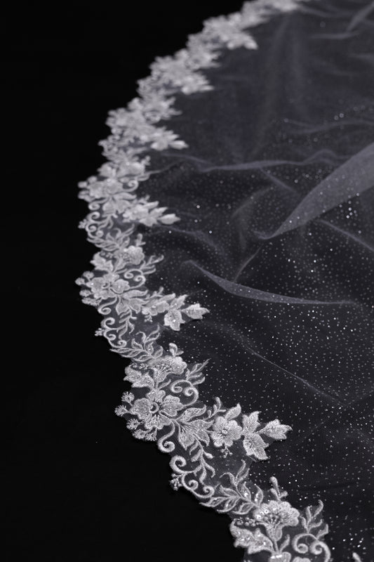 "Glittering Lace Radiance" Long white veil for the bride, length 300 cm
